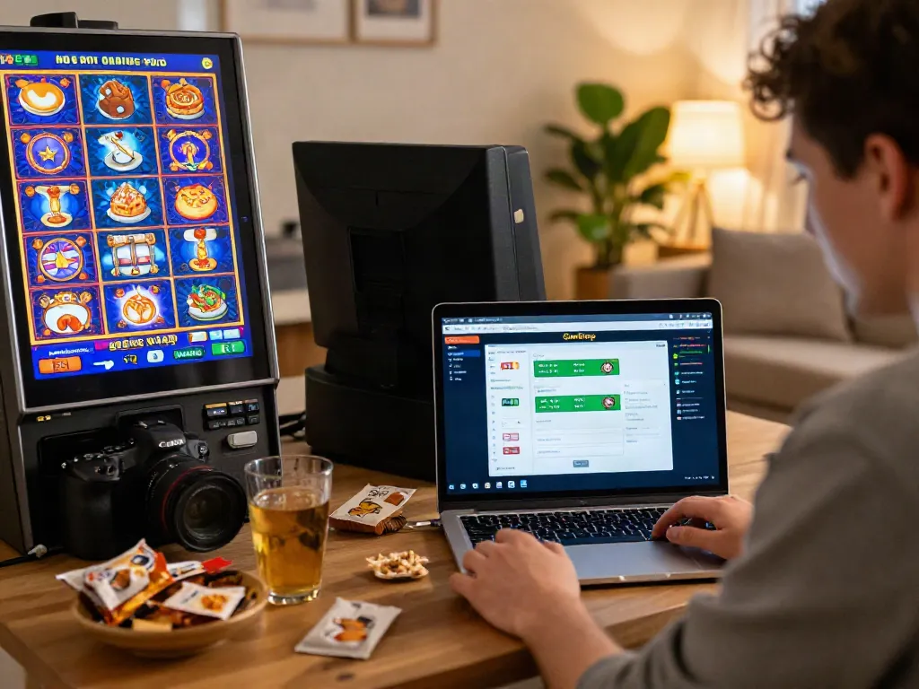 Engaging scene of a player enjoying uk slots not on gamstop in a cozy home setting with vibrant slot game graphics.