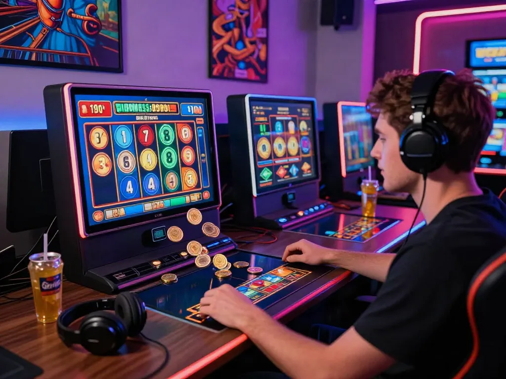 Engaged player enjoying uk slots not on gamstop at a stylish gaming desk.