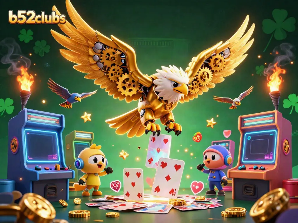 Experience thrilling gameplay at b52clubs with a dynamic scene of a cybernetic eagle amidst colorful casino elements.