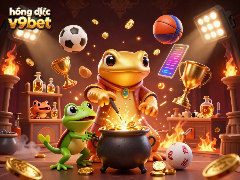Experience the thrill of hướng dẫn v9bet with a golden salamander alchemist amidst dynamic sports elements.