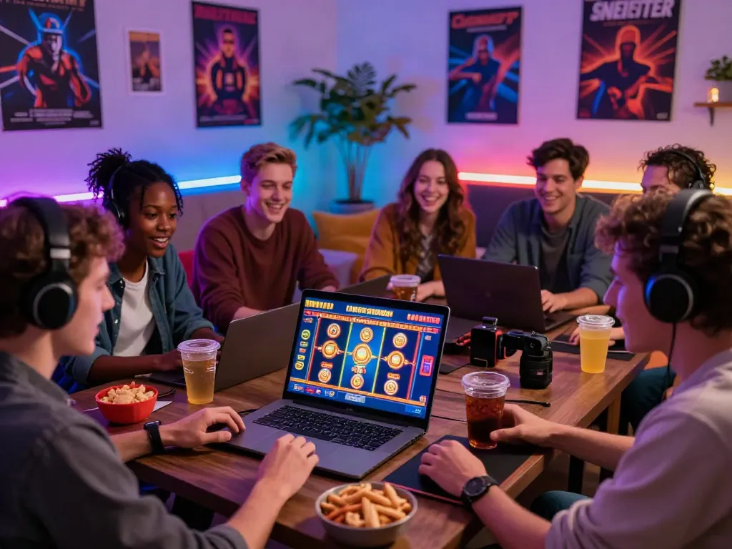 Group enjoying UK slots not on Gamstop at home with colorful lights and excitement.