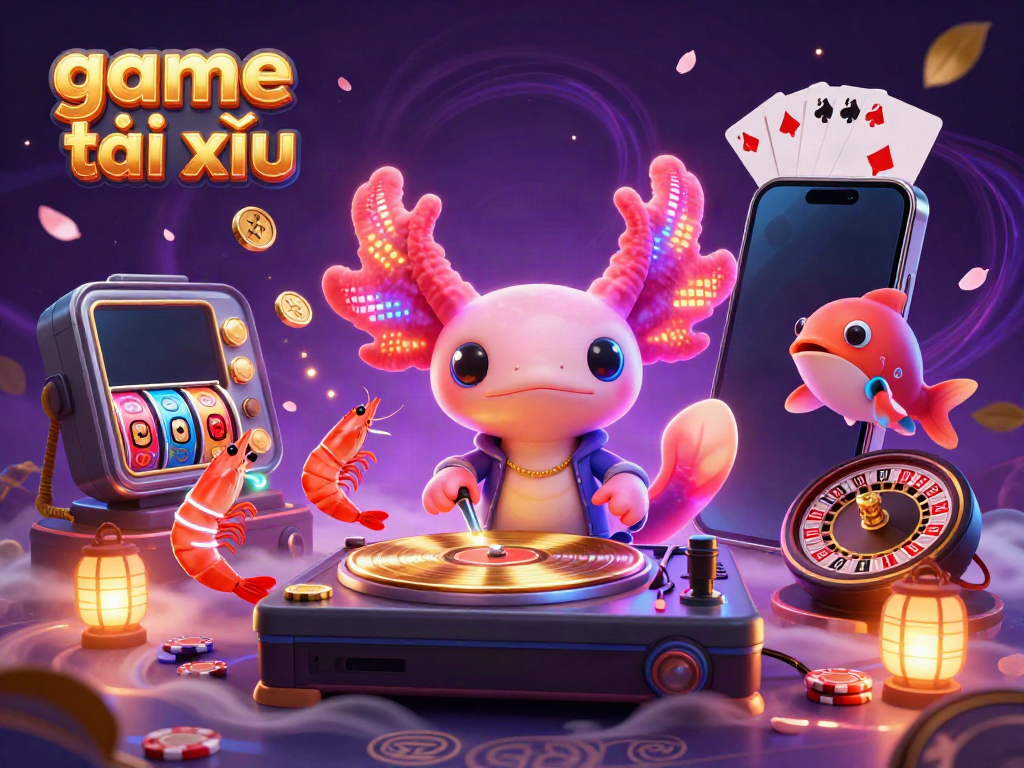 Experience the thrill of game tài xỉu with a vibrant, dynamic casino scene featuring a neon axolotl DJ.