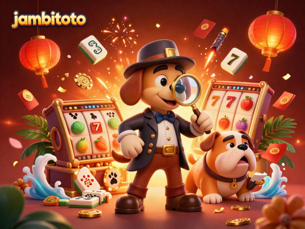 Experience excitement at jambitoto with a detective and bulldog discovering treasures in a colorful casino scene.