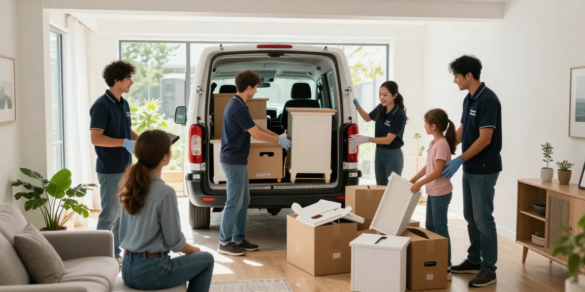 Efficient house clearance team loading items into a van in a bright, organized home setting.