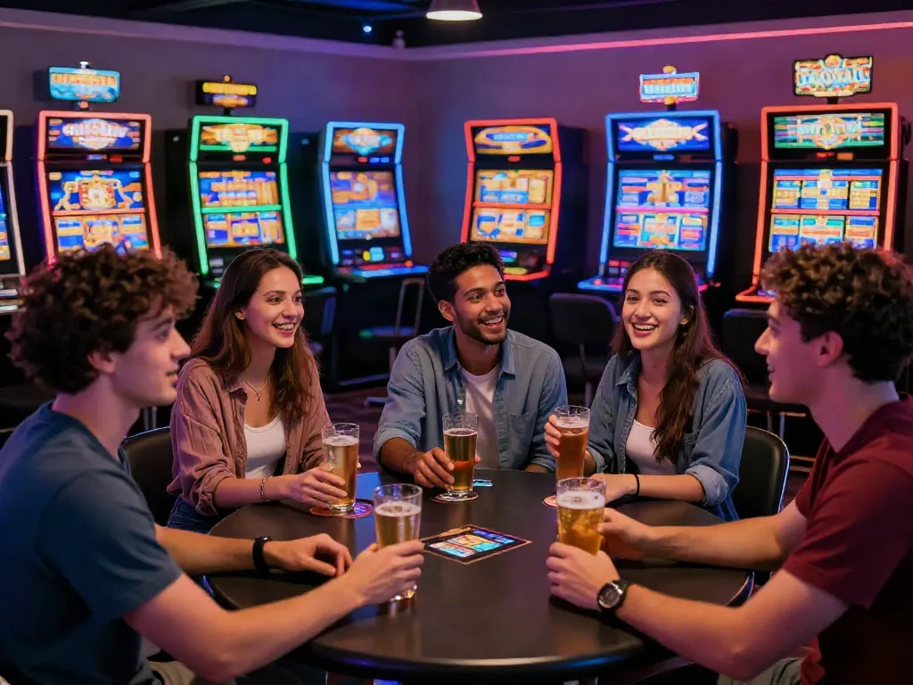 Friends enjoying uk slots not on gamstop in a lively gaming lounge.