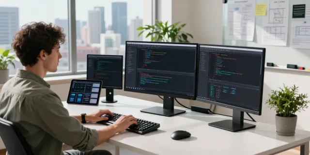 Developer utilizing instant indexing tools in a modern workspace for enhanced coding.
