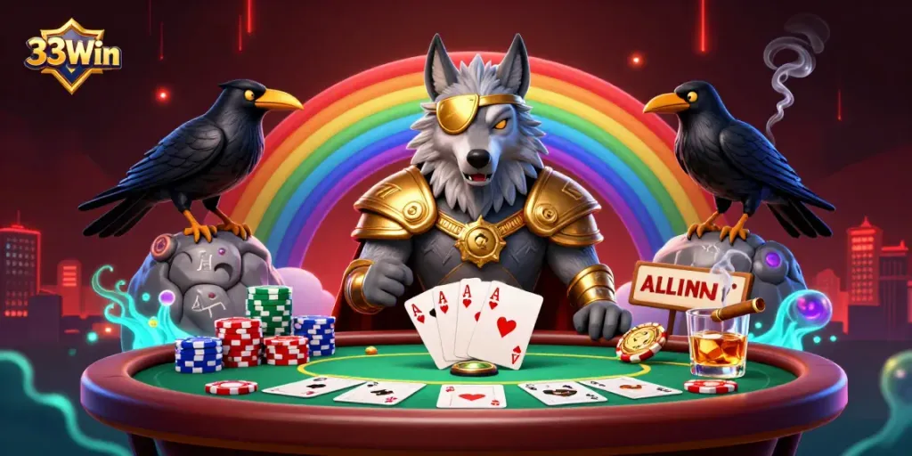 Engage in 33Win's vibrant casino adventure with Odin and ravens amidst a dazzling scene of poker action.
