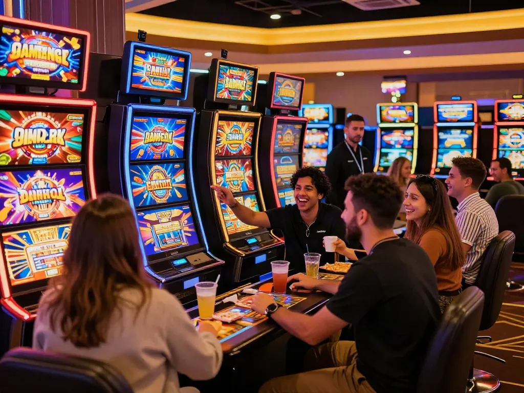 Players enjoying uk slots not on gamstop in a lively casino environment, emphasizing the fun and excitement of gaming.