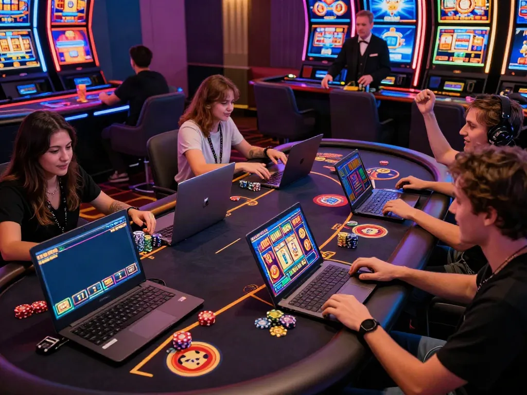 Players immersed in uk slots not on gamstop in a vibrant online casino environment, showcasing excitement and modern gameplay.