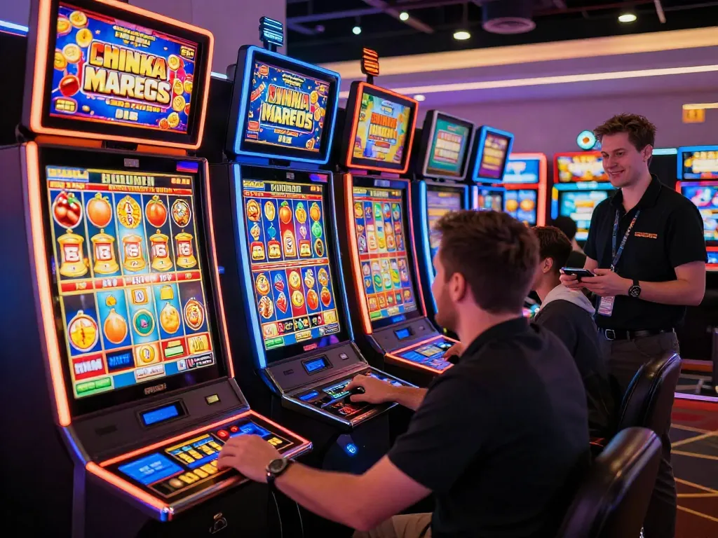 Exciting scene of UK slots not on Gamstop being played in a lively casino atmosphere