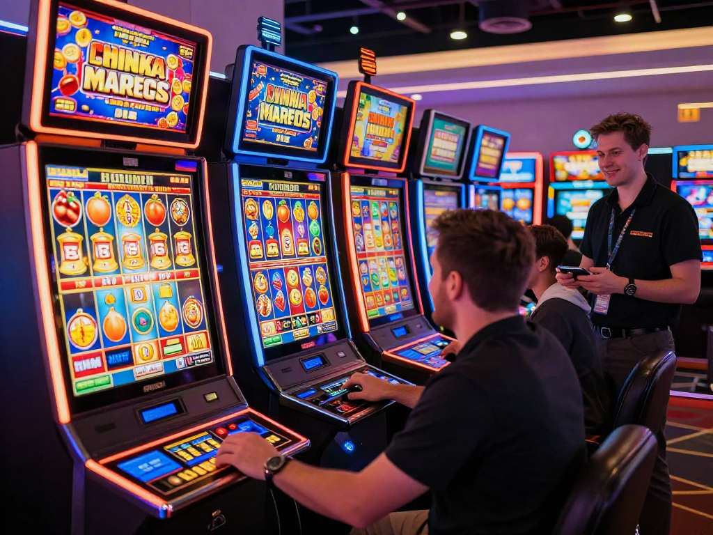 Exciting scene of UK slots not on Gamstop being played in a lively casino atmosphere
