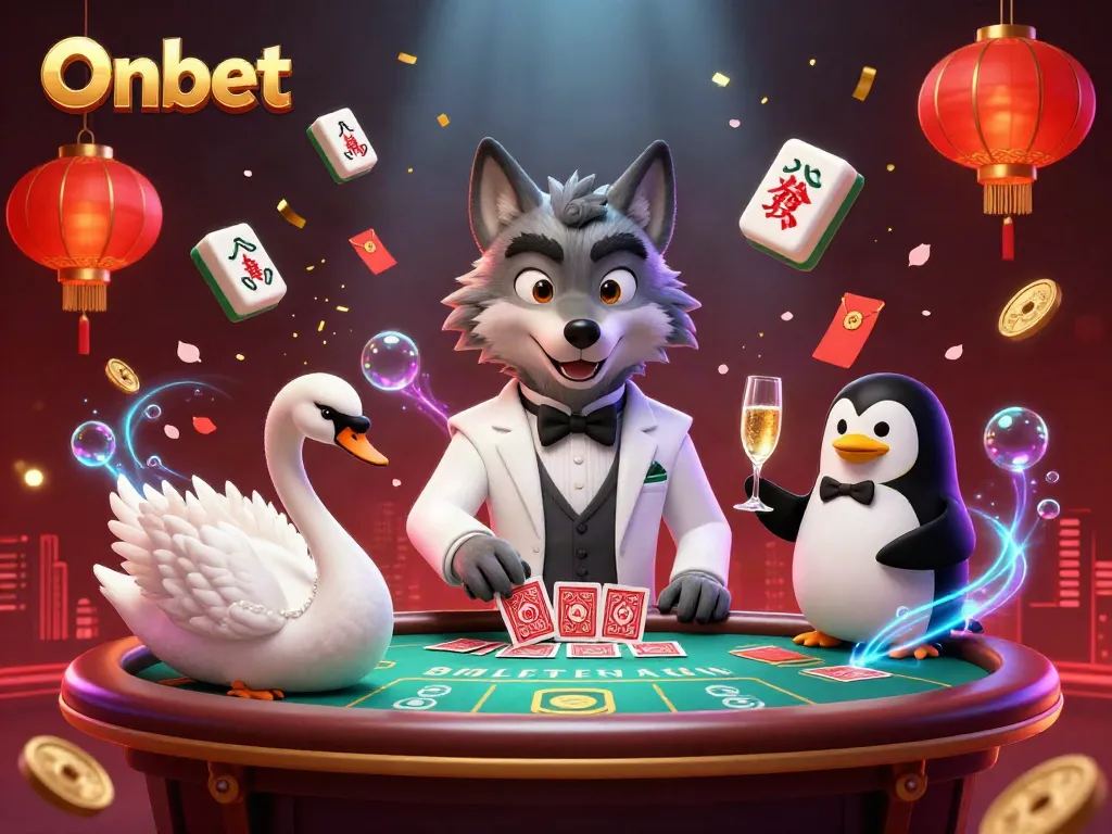 Onbet casino scene featuring a debonair wolf, elegant swan, and sophisticated penguin with baccarat tables and gold elements