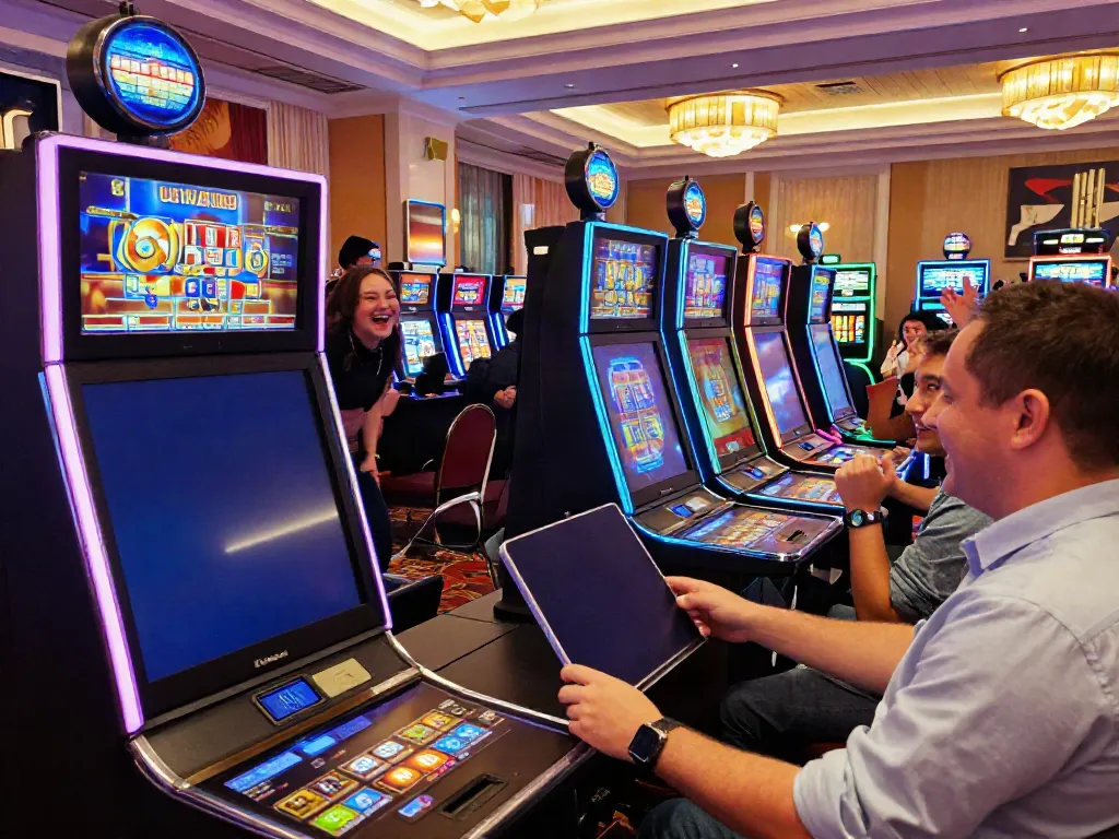 Exciting casino atmosphere featuring players enjoying uk slots not on gamstop, vibrant and colorful gaming machines.