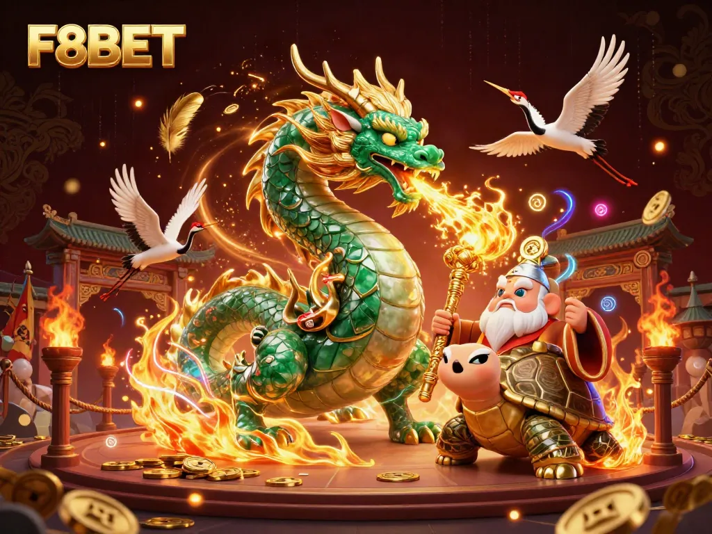 Immerse in F8BET's vibrant gaming world, featuring a jade dragon, turtle sage, and lucky cranes.