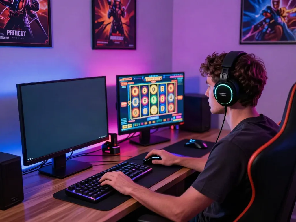 Player enjoying UK slots not on GamStop in a vibrant gaming room.