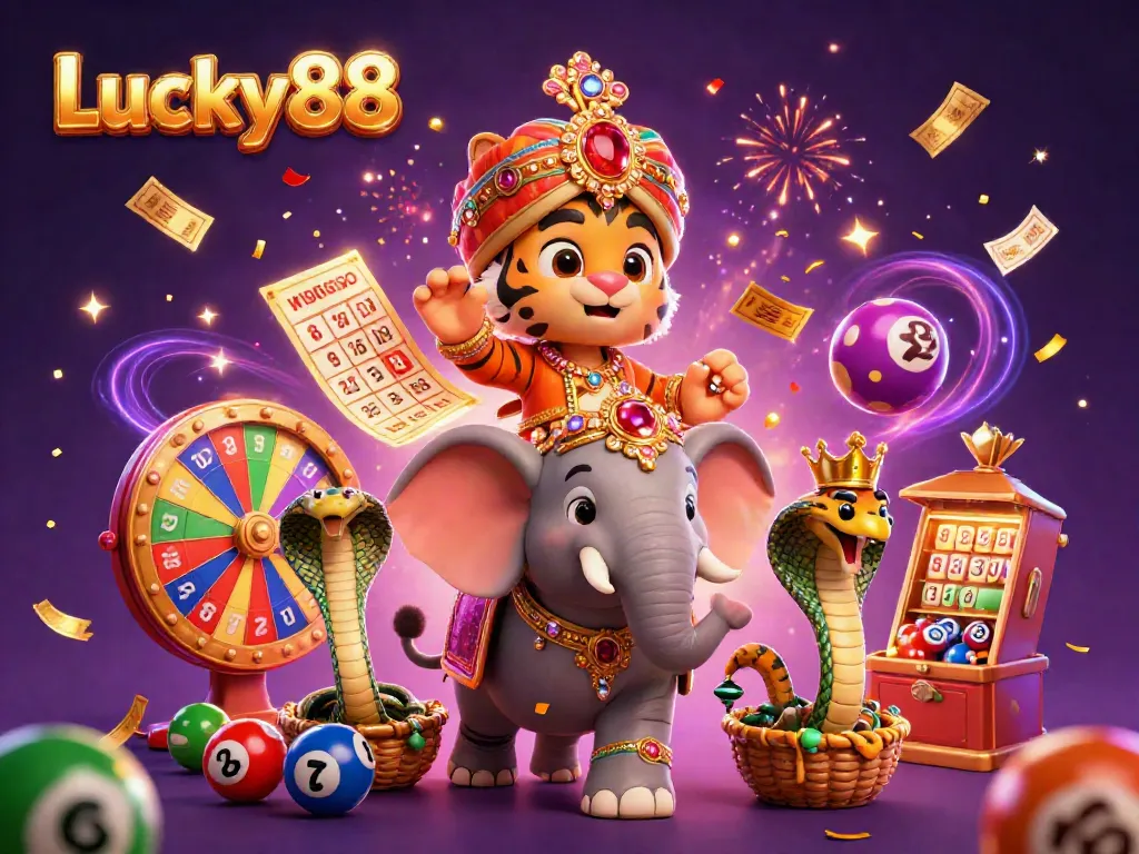 Experience the excitement of Lucky88 with a vibrant 3D illustration of dynamic casino action and characters.