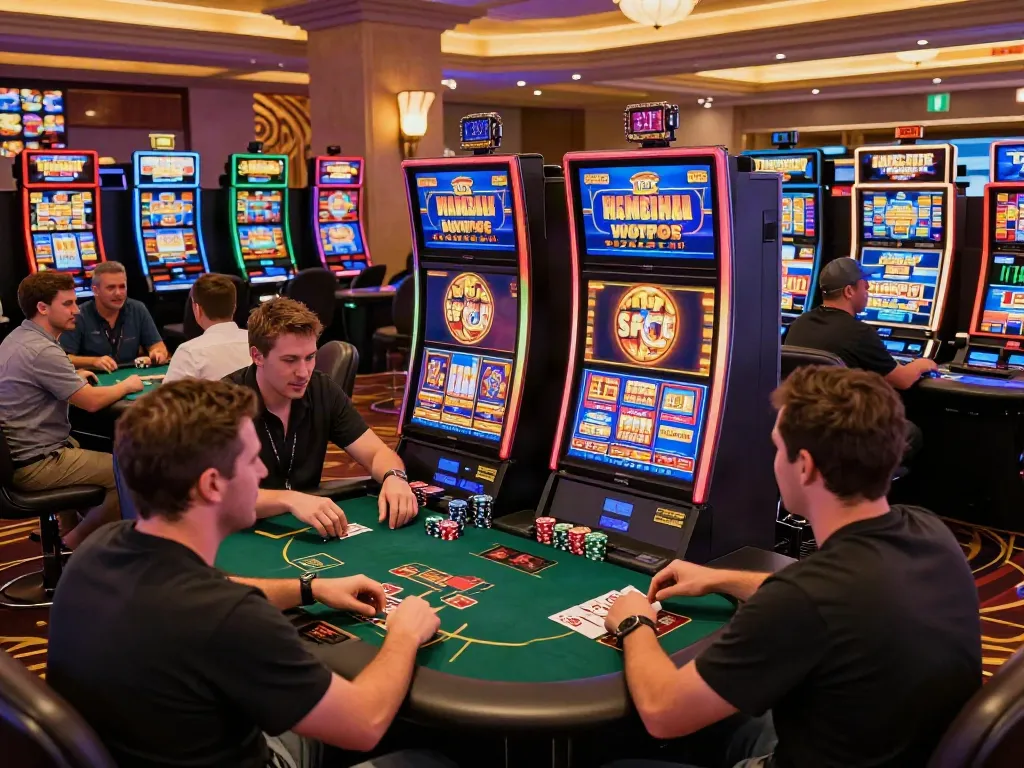 Players enjoying uk slots not on gamstop at a vibrant casino scene full of excitement.