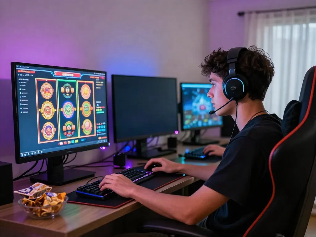 A user enjoying UK slots not on GamStop in a vibrant gaming setup.