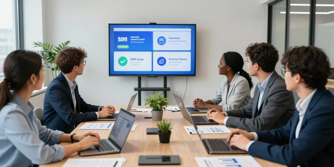 Compare business SIM only deals UK in a team meeting showcasing collaboration.