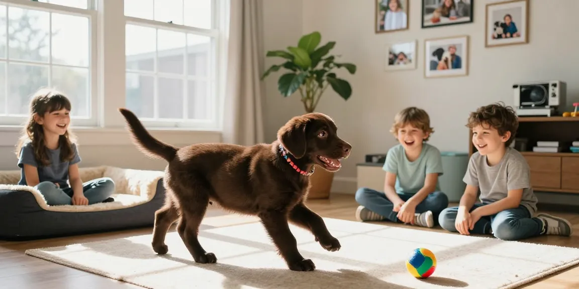 Playful Chocolate labrador puppies interacting with children in a cozy living room.