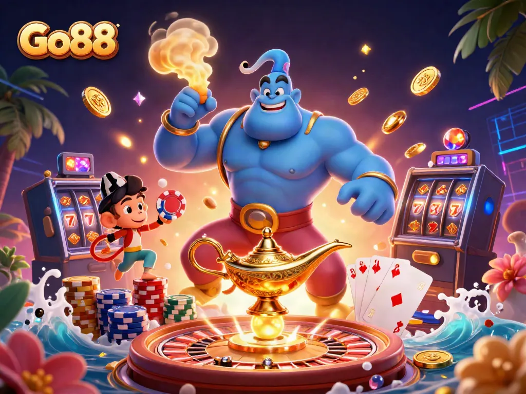 Go88 players enjoy exciting scenarios featuring a cartoon genie, monkey, and poker elements.