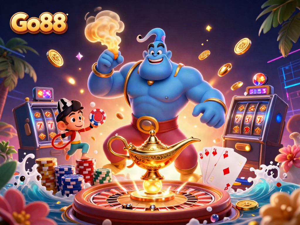 Go88 players enjoy exciting scenarios featuring a cartoon genie, monkey, and poker elements.