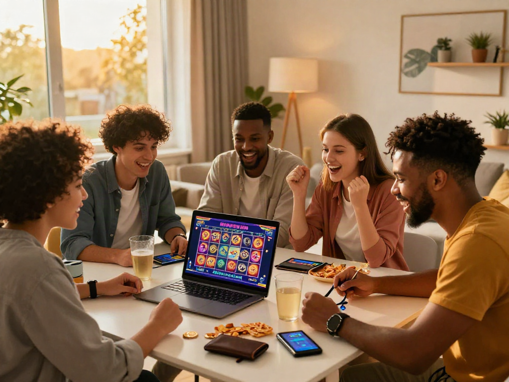 Friends enjoying uk slots not on gamstop in a lively home setting.
