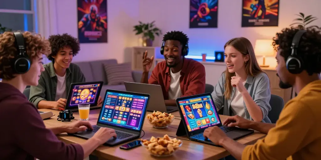 Diverse friends enjoying UK slots not on GamStop in a cozy gaming setup.