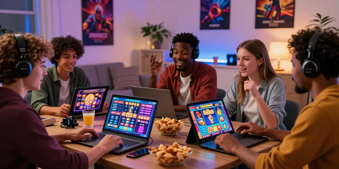 Diverse friends enjoying UK slots not on GamStop in a cozy gaming setup.