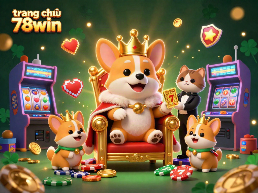 Spin the reels at trang chủ 78win with an extravagant casino illustration featuring a corgi king and gaming elements.