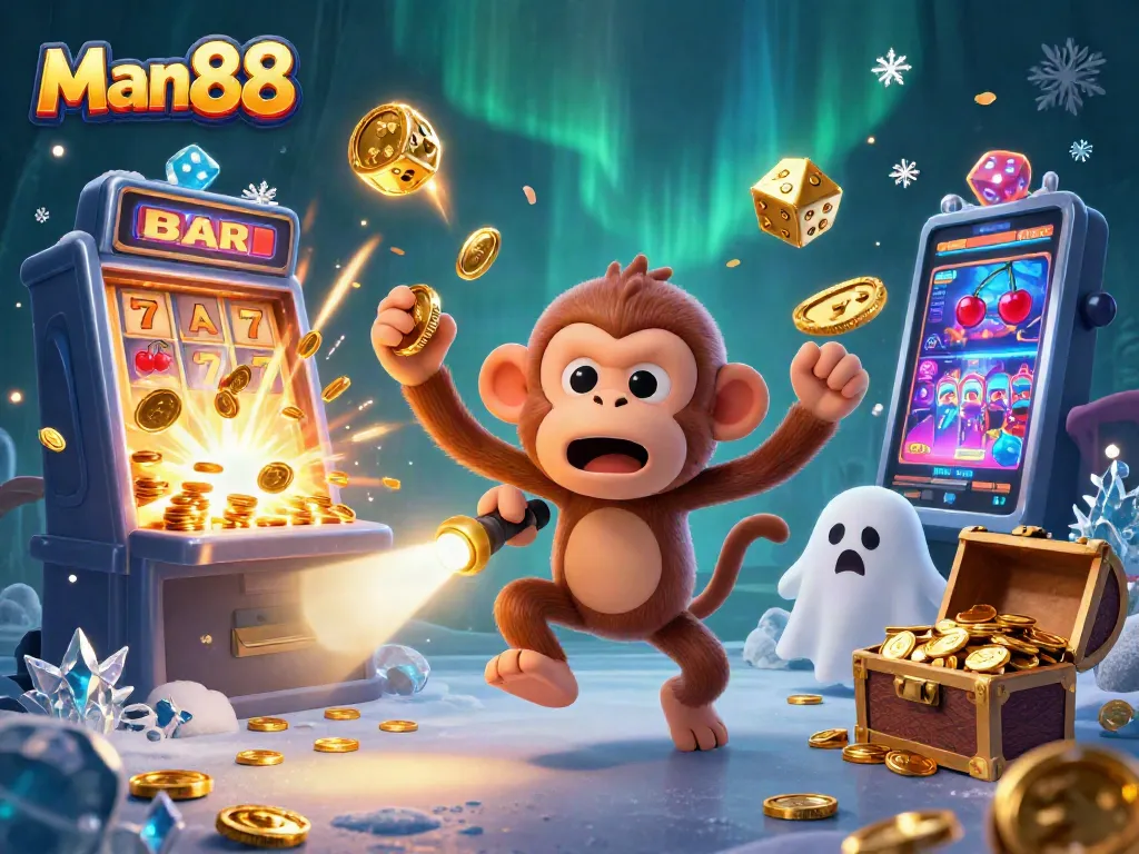 Experience the thrill of Man88 with a vibrant casino scene featuring a playful monkey and ghost-hunter puppy.