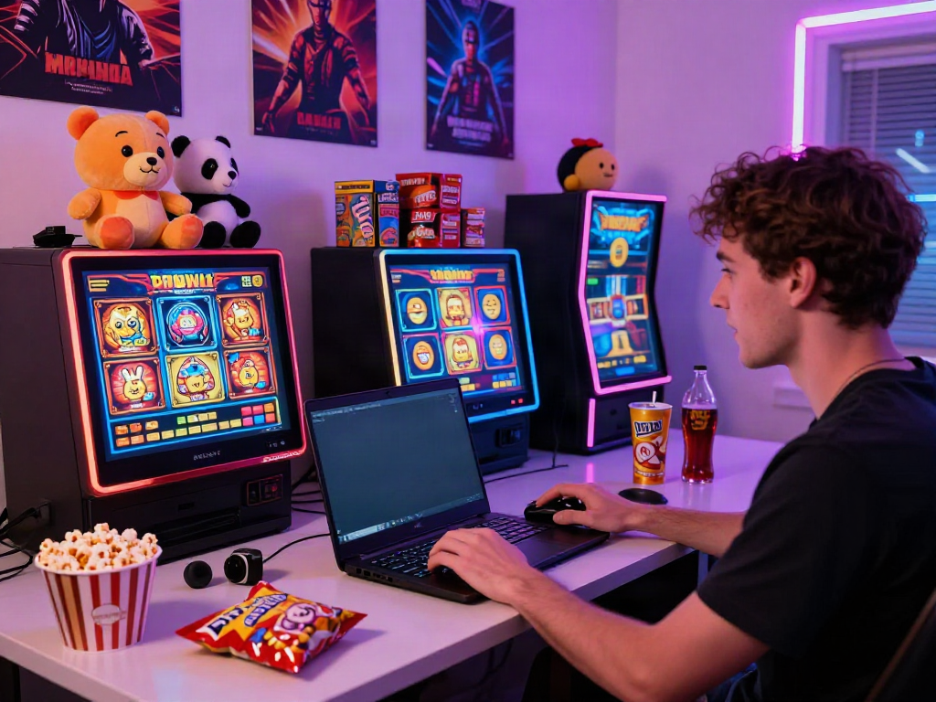 Exciting gaming scene featuring a player enjoying uk slots not on gamstop on a laptop, colorful graphics, and themed decor.