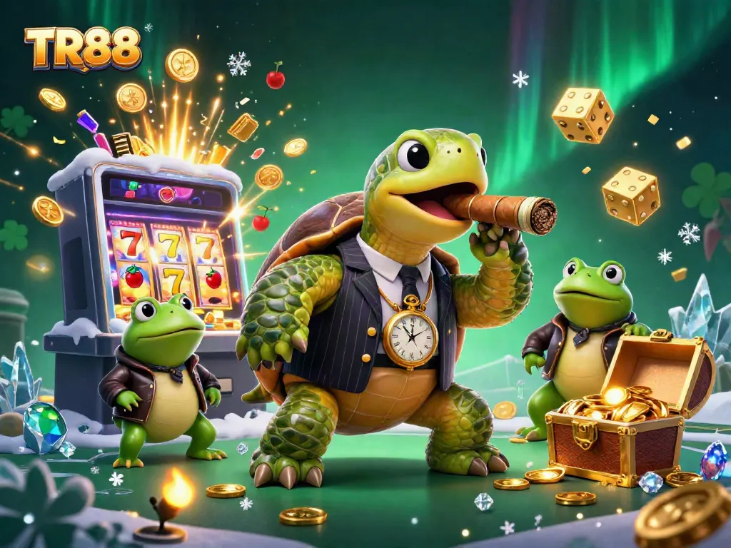 Experience winning at TR88 with a dynamic casino scene featuring a mobster turtle and gaming symbols.