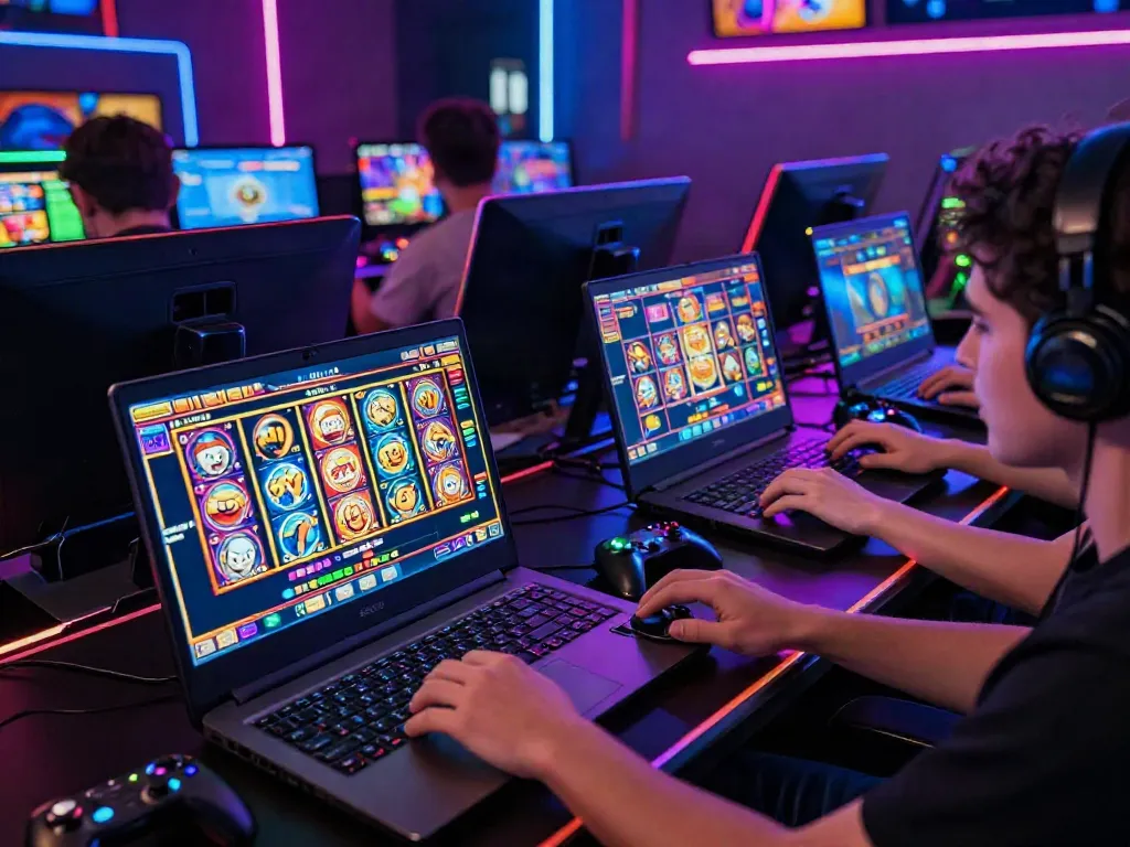 Engaging scene of a player enjoying uk slots not on gamstop on a modern gaming setup with colorful visuals.