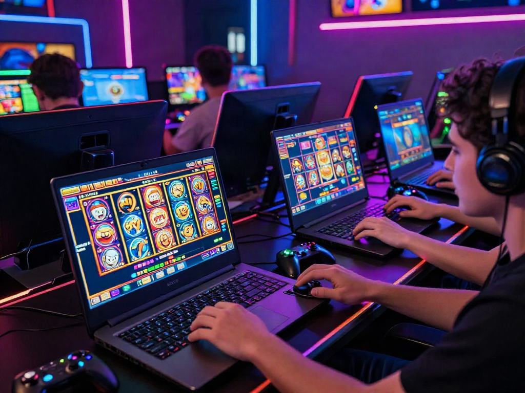 Engaging scene of a player enjoying uk slots not on gamstop on a modern gaming setup with colorful visuals.
