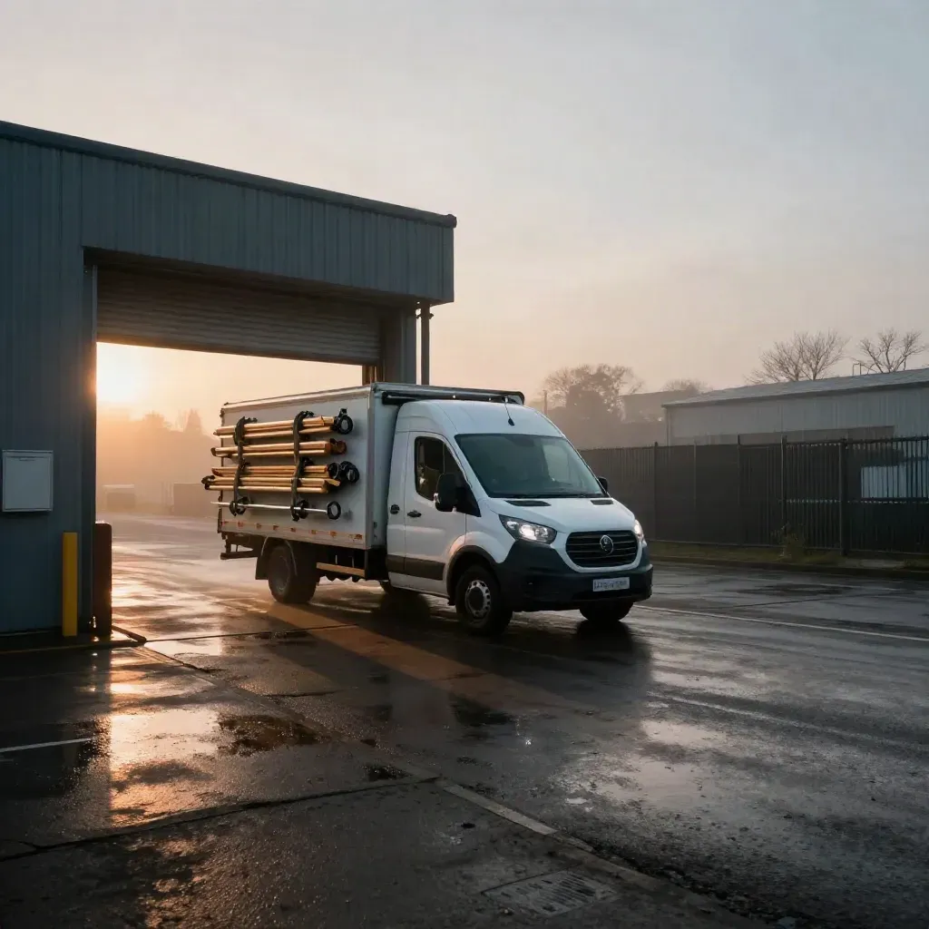 Early-morning Axle Hire yard with van, trailer and recovery gear on wet asphalt.