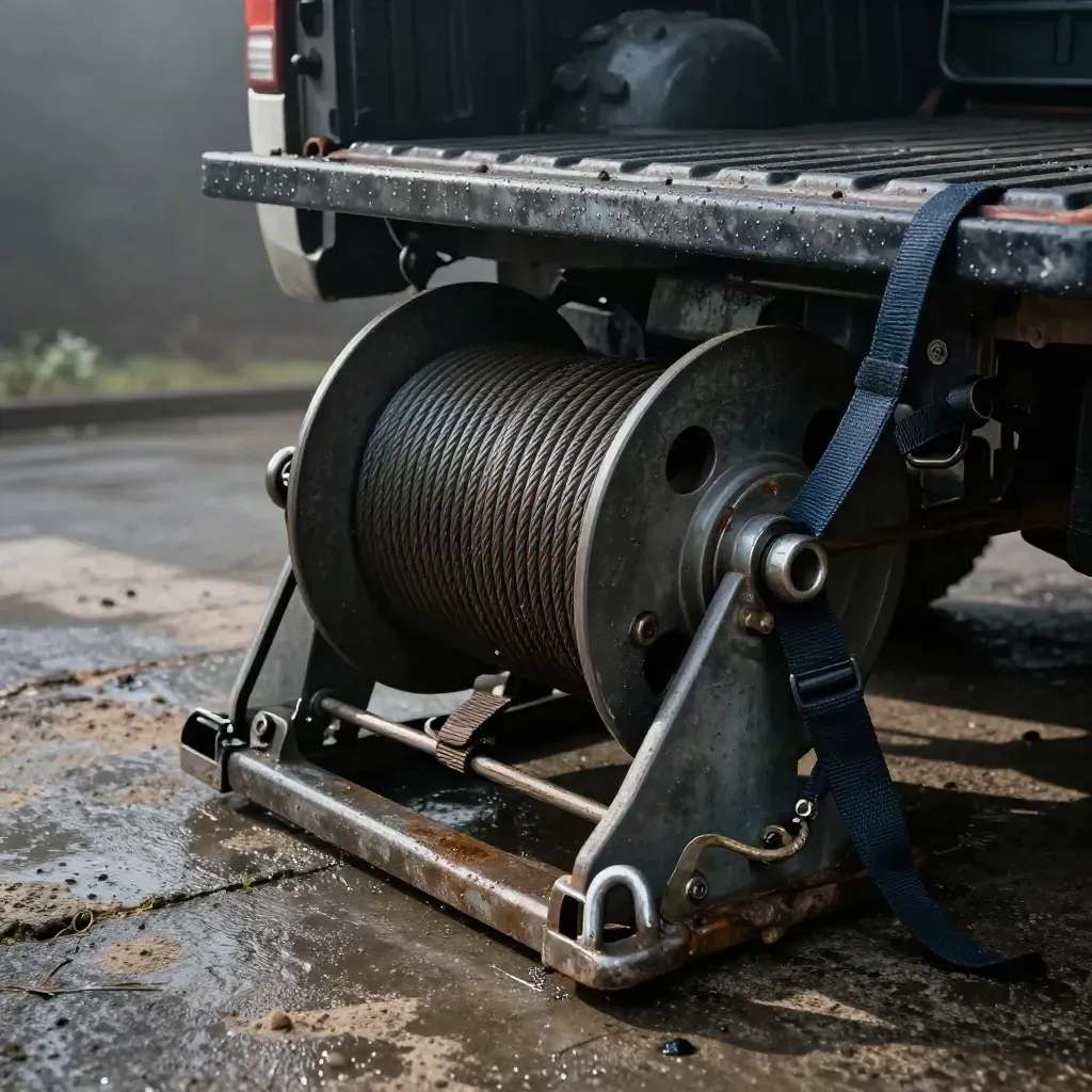 Winch drum, taut cable, straps and shackles beside a truck bed in drizzle