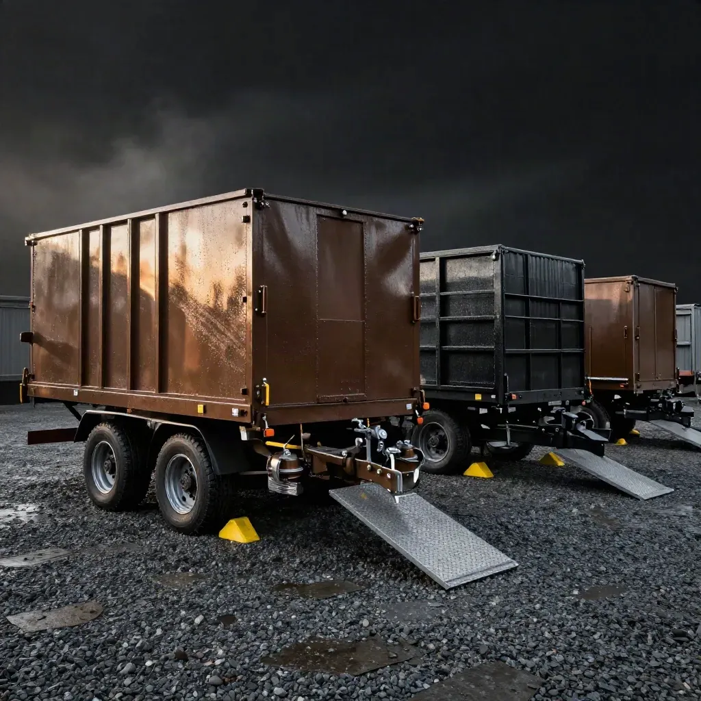 Three hire trailers lined on wet gravel with chocks, couplers and rain-beaded metal.