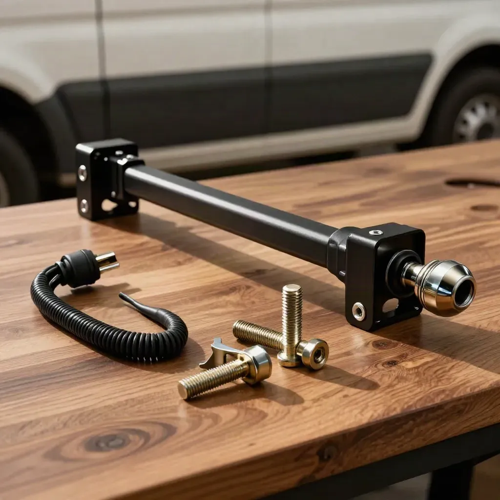 Close-up towing kit parts aligned on a walnut workshop bench with soft industrial light.