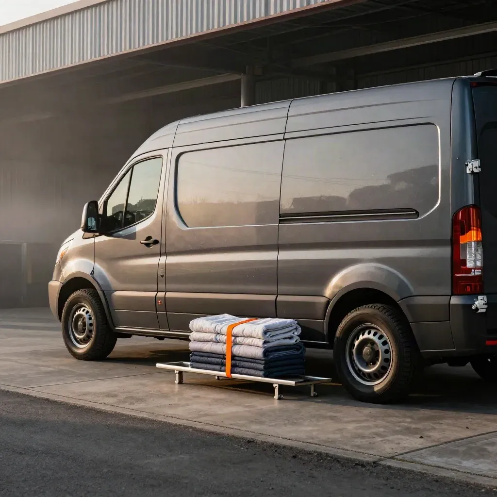 Low-angle panel van beside blankets and cargo bars in a misty depot bay.