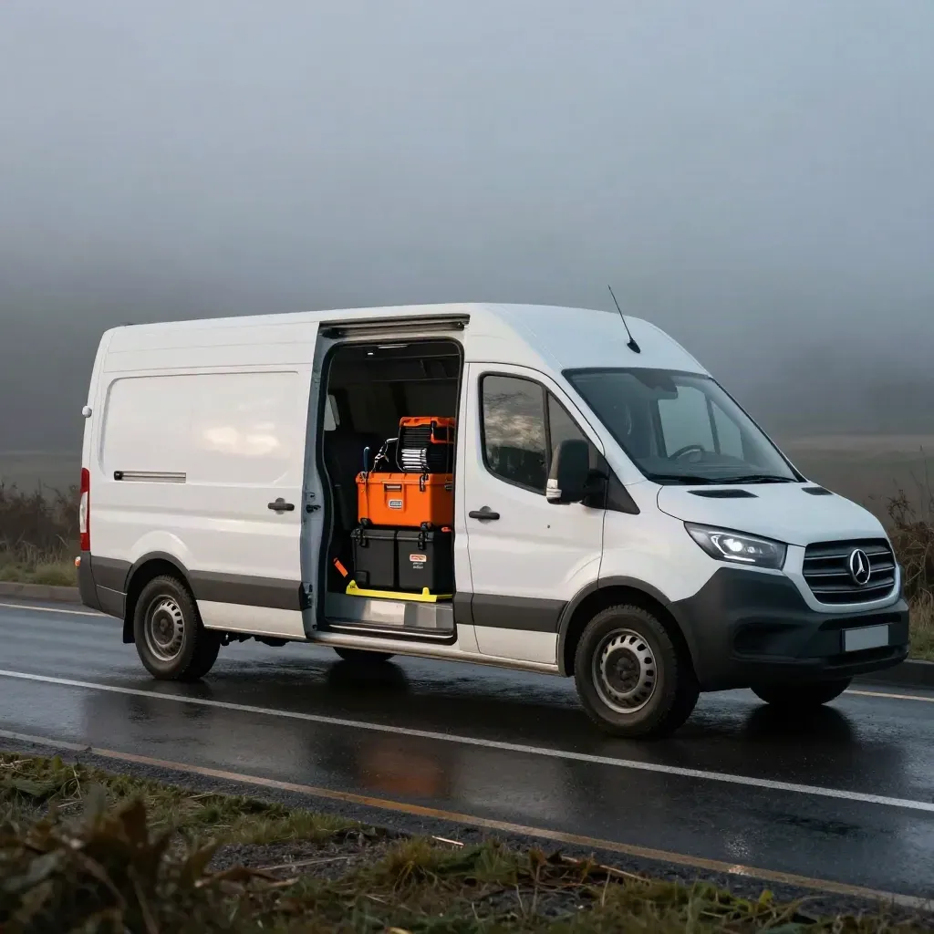 White backup van with tools inside beside a blurred stranded van on a wet roadside.