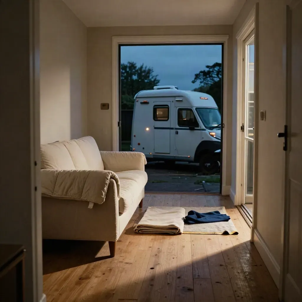 Empty hallway with wrapped furniture, a re-set sofa, and a hire trailer visible outside at dusk.