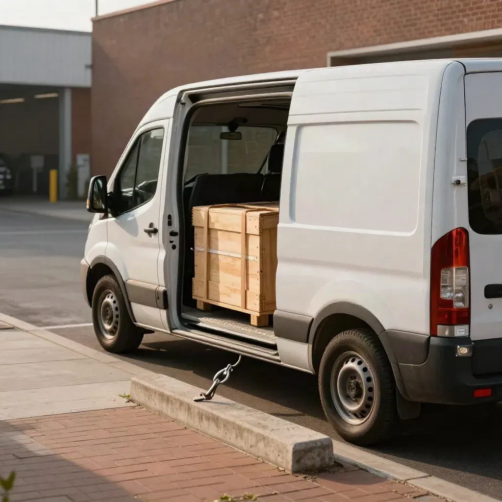 White delivery van waits by a kerbside loading bay with a strapped crate, sunlit and route-ready.