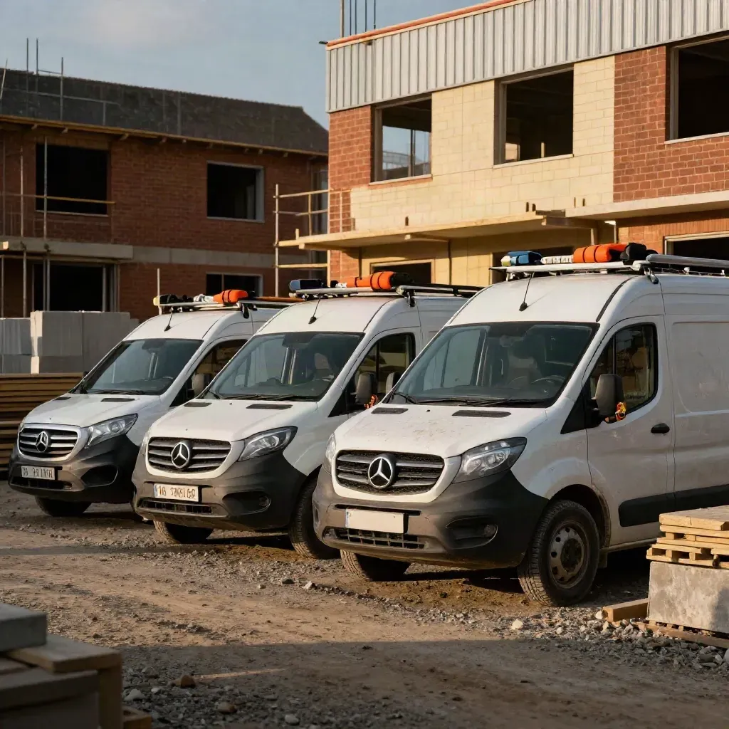 Three hire vans lined by a build site, fitted with tow gear and roof bars in warm late sun.