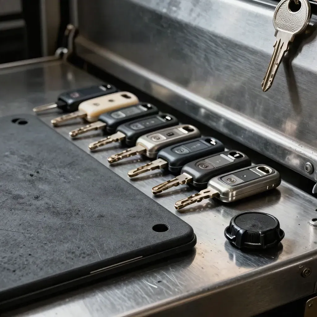 Closed tablet, fuel cap and key fobs on brushed steel in dramatic low-key light.