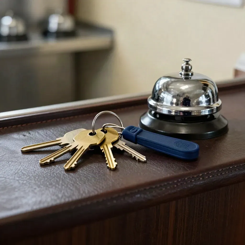 Macro of keys, brass tags and a desk bell on a leather tray at a hire counter.