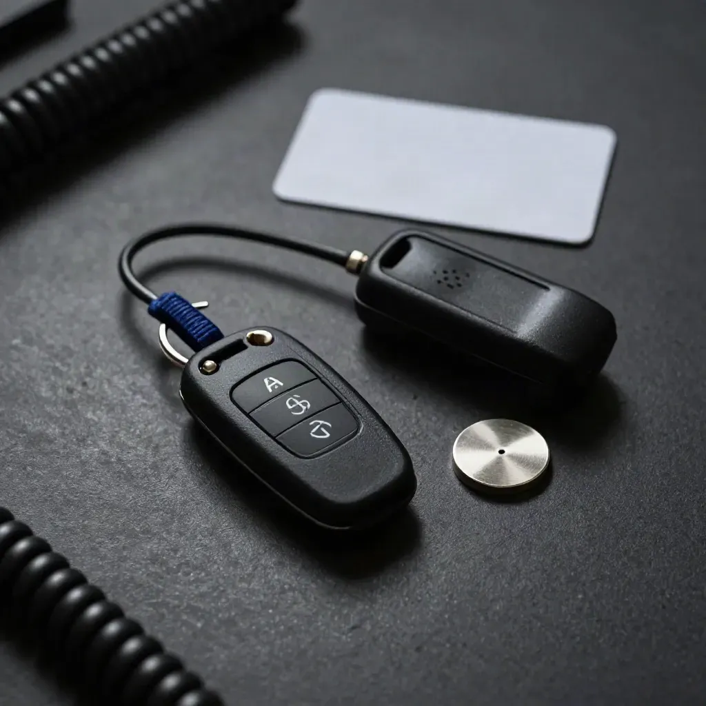 Flat-lay of van keys, handset cradle and metal token on a dark workbench.