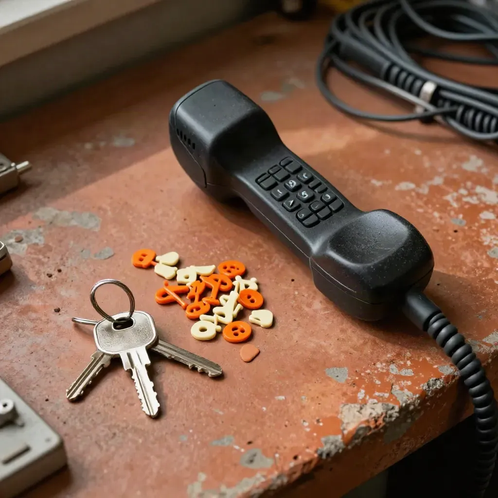 Overhead still life of a dispatch handset, van keys, route pins and charging lead on a terracotta workbench.