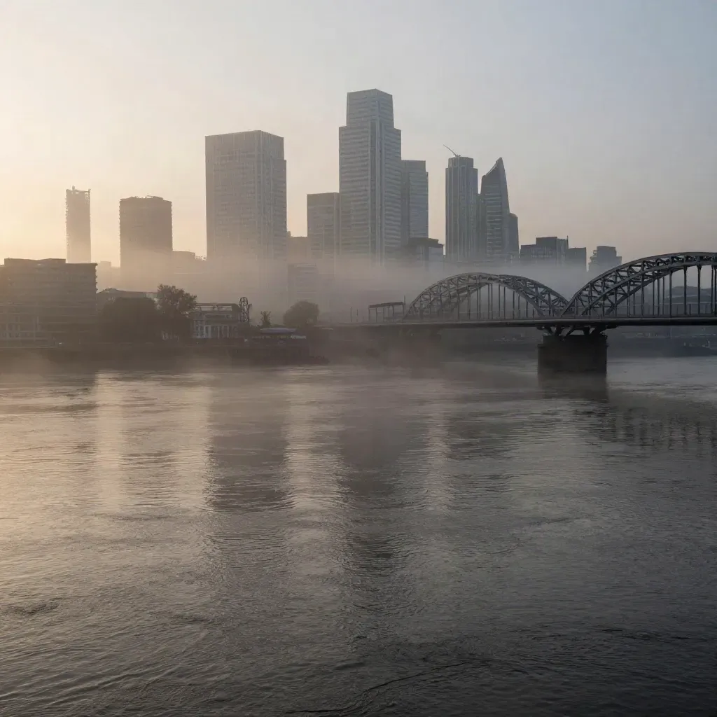 Thames skyline at dawn with Canary Wharf and a steel bridge above misty calm water.