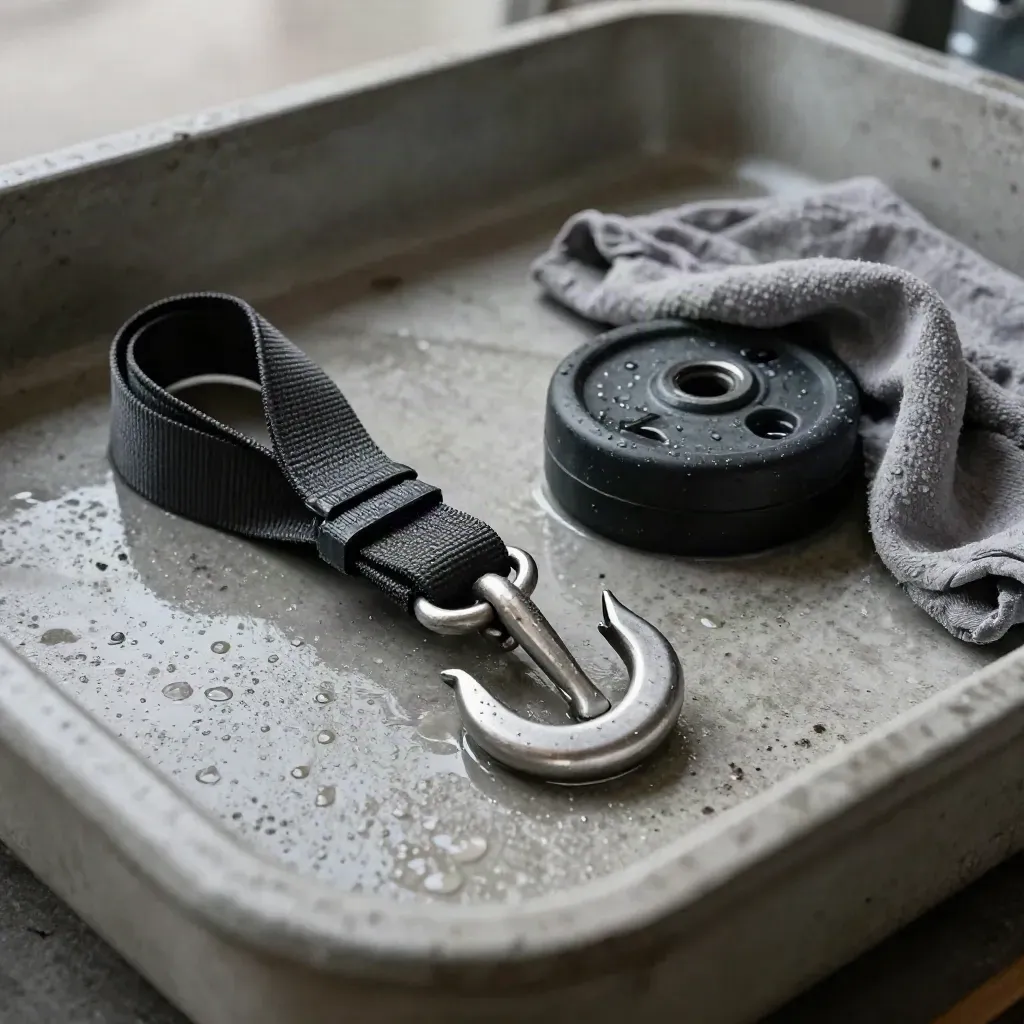 Ratchet strap, tow hook and wet chock drying on a concrete wash tray.